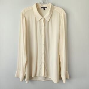 Eileen Fisher Silk Shirt Womens L Tan Button Up Quiet Luxury Designer Minimalist